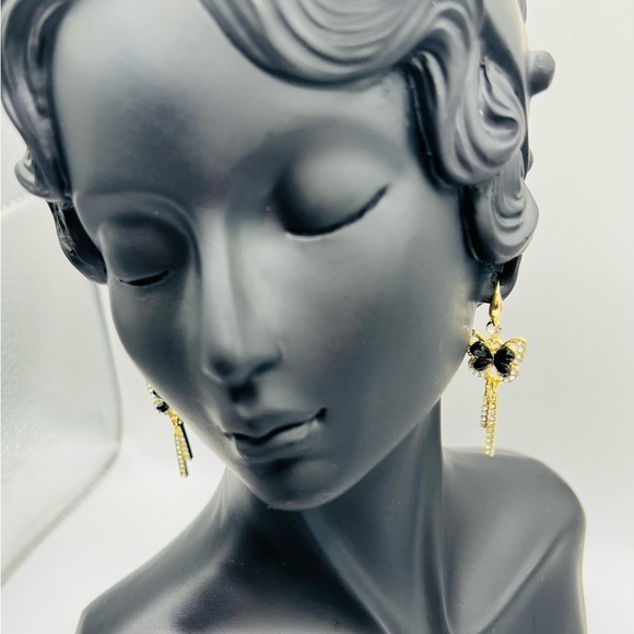 Crystal Studded Gold Butterfly Dangle Earrings in Black and Gold - Picture 8 of 10